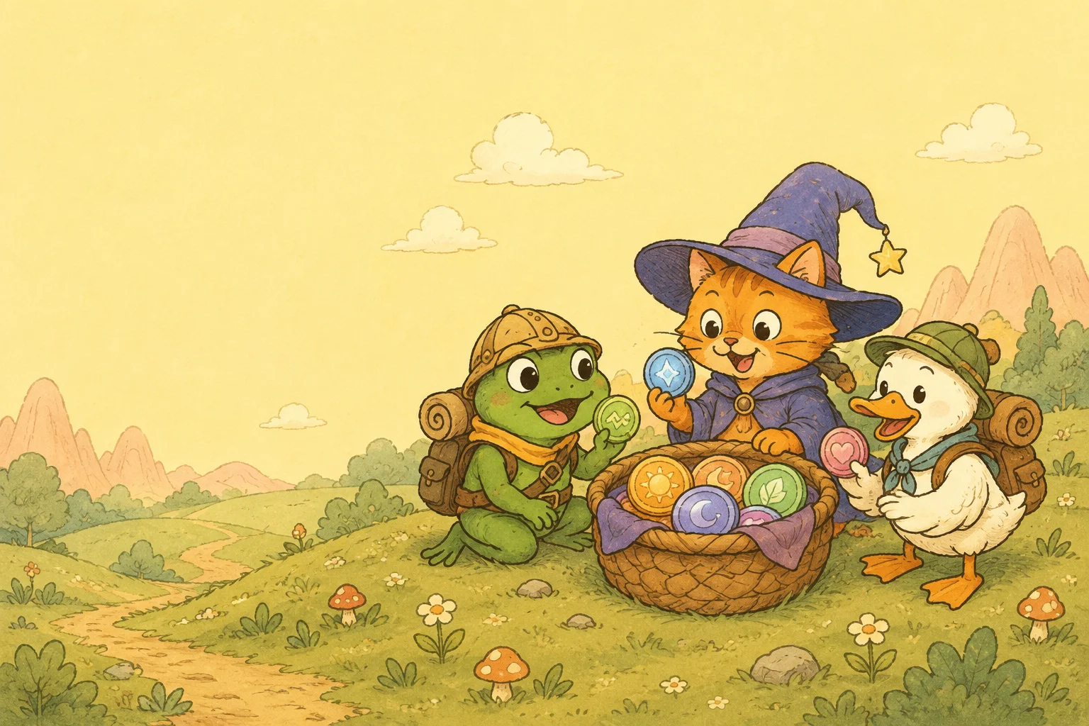 A frog adventurer, cat wizard, and duck gather a basket of colorful tokens